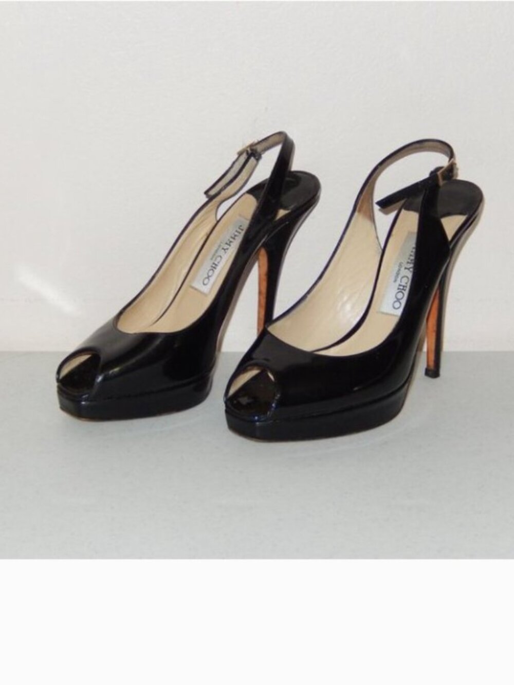 Jimmy Choo Black Patent Peeptoe Slingback Heels Shoes Pumps 36 6